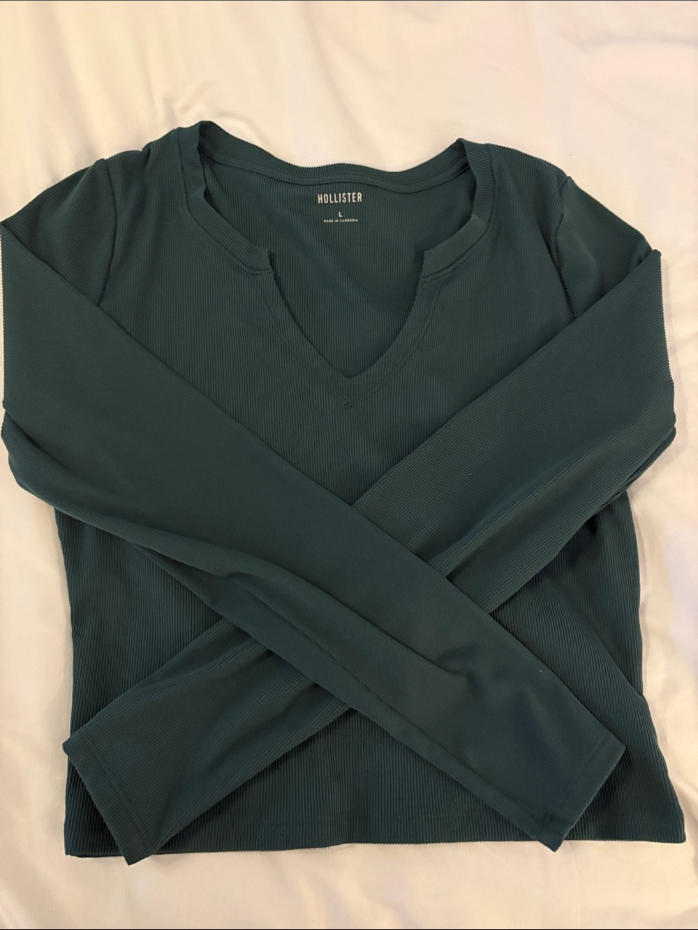 Hollister Women's Teal Ribbed V-Neck Long Sleeve Top